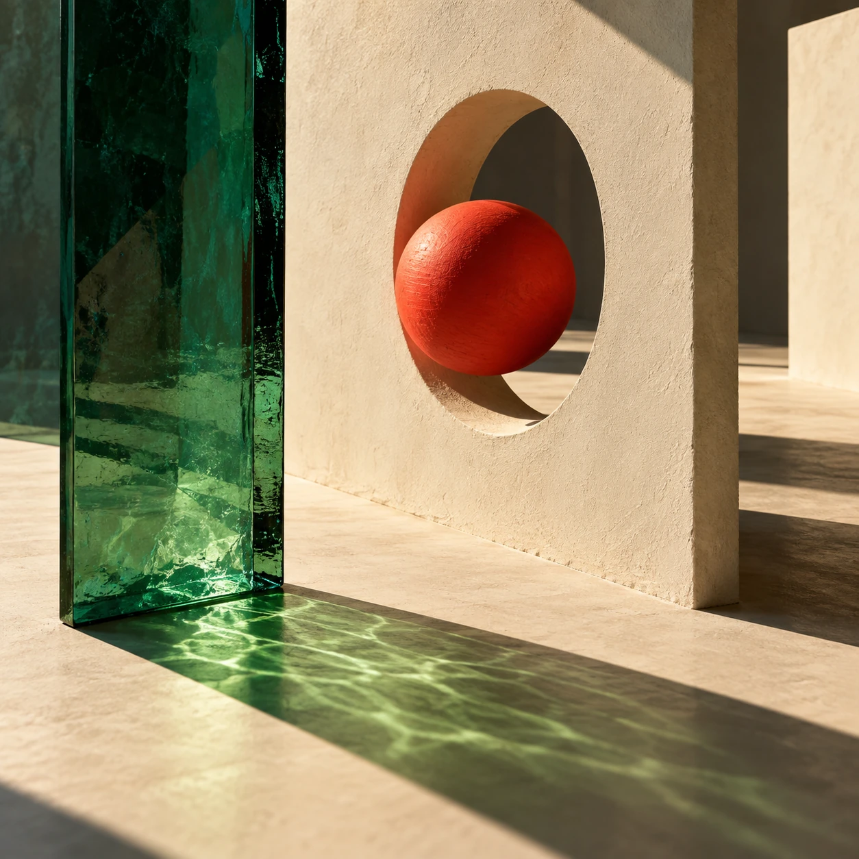 Original visual-narrative study of ivory architectural planes, translucent emerald material and a coral sphere.